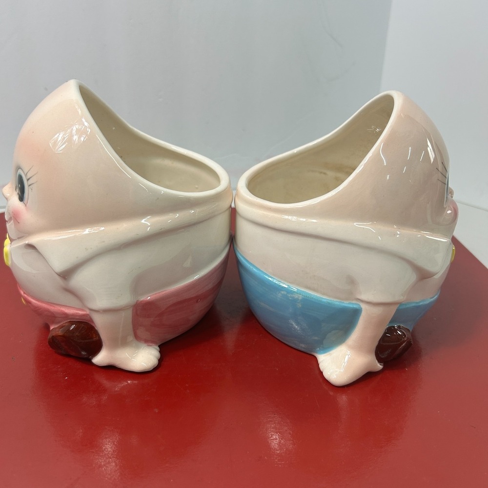Vintage Humpty Dumpty Ceramic Planters Set of 2 Pink Blue Nursery Rhyme Kitsch - Picture 16 of 16
